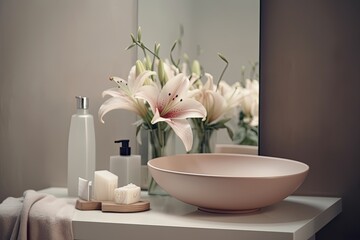 Fototapeta na wymiar Luxurious Spa-Like Modern Bathroom Decorated with a Fresh Spring Bouquet and Picture: Generative AI