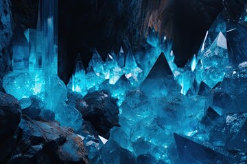 Mesmerizing Trip to the Fantastic Raw Gemstone Cave: Amazing Illuminating Blue Diamonds and Rough Mineral Rocks, Generative AI