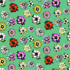 Colored vector seamless half-drop pattern, with inked style flowers