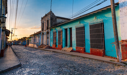 Sunset in the old streets of Trinidad in Cuba