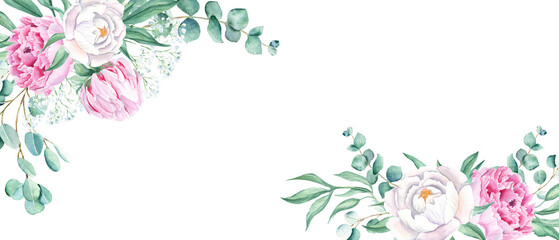 Floral watercolor banner, design frame. Pink and white peonies, eucalyptus and gypsophila branches. Hand drawn botanical illustration isolated on white background. Can be used for cards, wedding