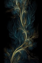 Modern Digital Artwork: Blue and Gold Ripple Abstract Composition with Tree Leaves, Floral Design and Ornamental Elements: Generative AI