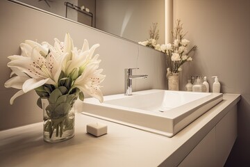 Modern Luxury Bathroom with Spring Flowers & Indoor Design Decoration. Generative AI