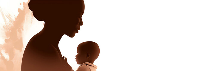 Brown silhouette of a African woman with her baby isolated on white background, Mother's Day, Generative AI