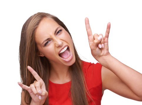 Portrait, hands and woman with rock, roll and happiness isolated against a transparent background. Face, female person and girl with freedom, png and emoji with energy or heavy metal with attitude