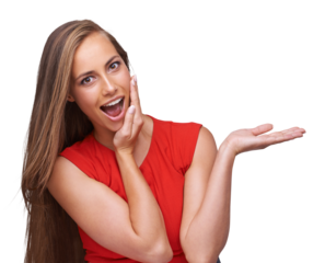 Wow, presentation and portrait of excited woman isolated on transparent png background, hands for product promo. Surprise, shock and happy model with open palm showing discount sale, deal or offer.