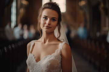 Fototapeta premium young adult woman wearing a wedding dress with a train, in a church, expectant close-up. Generative AI