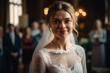Fototapeta premium young adult woman wearing a wedding dress with a train, in a church, expectant close-up. Generative AI