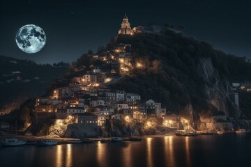 Fototapeta na wymiar Stunning night cityscape with moon, ship, fortress, church & houses on mountain as lovely background. Perfect for wallpaper. Generative AI