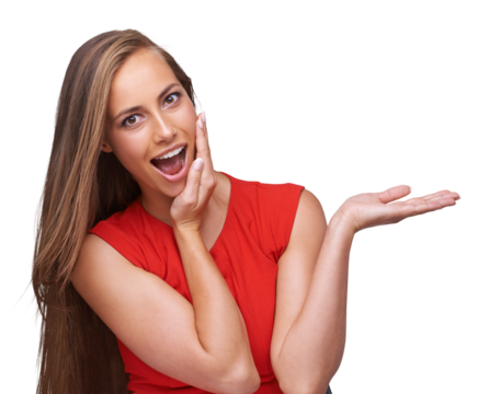 Wow, presentation and portrait of excited woman isolated on transparent png background, hands for product promo. Surprise, shock and happy model with open palm showing discount sale, deal or offer.