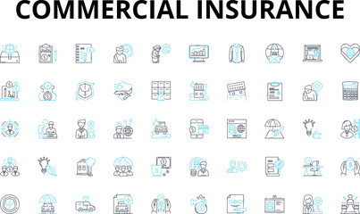 Fototapeta na wymiar Commercial insurance linear icons set. Protection, Liability, Property, Business, Risk, Policy, Coverage vector symbols and line concept signs. Premium,Claims,Damage illustration Generative AI