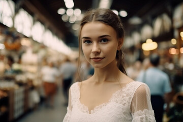 Fototapeta premium young adult woman in a wedding dress at a market. Generative AI