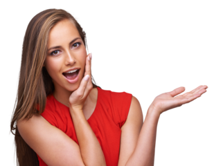 Portrait, advertising or marketing and wow reaction of woman for mockup in png or transparent background. Product placement, fashion female model and surprise or shock for promotion or discount