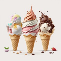 Ice cream in waffle cone with chocolate, vanilla and strawberry isolated on background. Generative AI