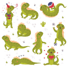 Fototapeta premium Funny Green Iguana Character with Scales Engaged in Different Activity Vector Set
