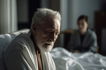 adult old male in a hospital in a hospital bed in a hospital room. Generative AI