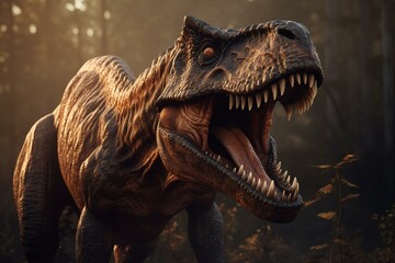 3D render of T-Rex roaring at Triceratops. Generative AI