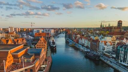Panorama of Gdańsk with a view of the Motława River, the Old Town and the observation wheel at...