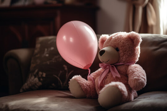 pink teddy on the sofa, gift souvenir or surprise at home. Generative AI