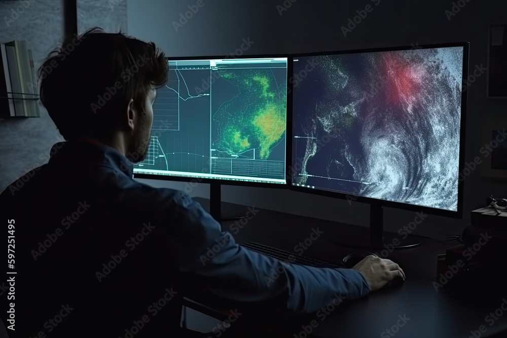 Wall mural meteorologist monitoring weather forecast at monitor screen. workplace in meteorological department.
