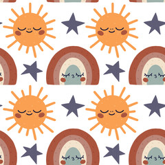  Vector cute boho seamless patterns with suns rainbows and stars baby patterns collection