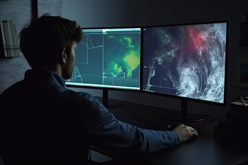 Meteorologist monitoring weather forecast at monitor screen. Workplace in meteorological department. Created with Generative AI