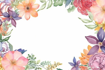 Fototapeta premium Festive floral composition, top view. Circle frame made of flowers on white background, flat lay style. Wallpaper banner with copy space. Created with Generative AI