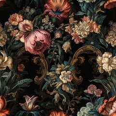 Vintage flowers. Peonies, tulips, lily, hydrangea on black. Floral background. Baroque style floristic illustration. Ai