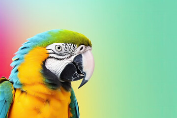 Fototapeta premium Parrot on bright background. Wallpaper with tropical bird. Exotic fauna banner with macaw parrot, copy space. Created with Generative AI