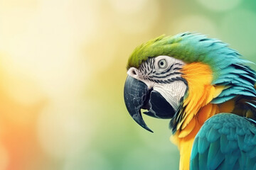 Parrot on bright background. Wallpaper with tropical bird. Exotic fauna banner with macaw parrot, copy space. Created with Generative AI