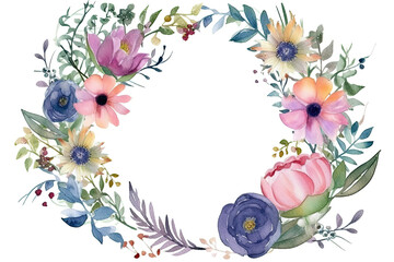 Festive floral composition, top view. Circle frame made of flowers on white background, flat lay style. Wallpaper banner with copy space. Created with Generative AI