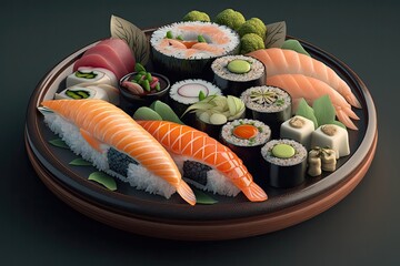 An image of a platter of sushi with an assortment Generative AI