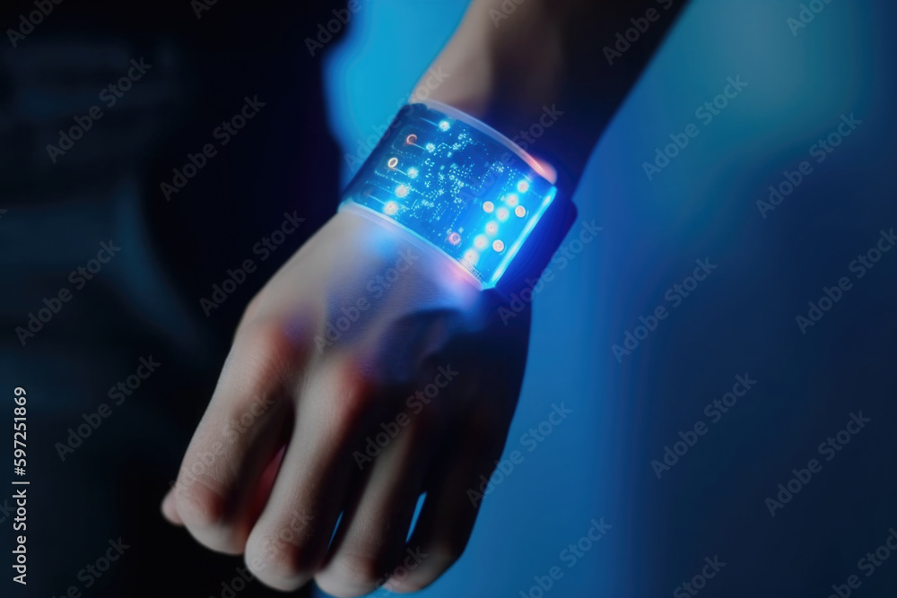 Poster futuristic smart device with glowing hologram display on human hand. virtual reality technology in r
