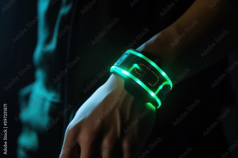 Poster futuristic smart device with glowing hologram display on human hand. virtual reality technology in r