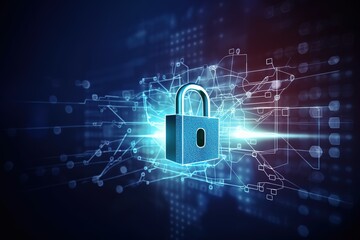 Cyber security, data protection, cyberattacks concept on blue background. Database security software development. Online security concept. AI