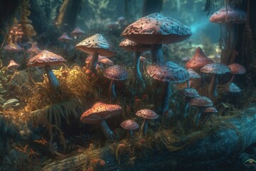 Fototapeta na wymiar Magic mushrooms fly agaric in the forest, a fabulous thicket of the forest. Glowing mushrooms fantasy moss. Ai