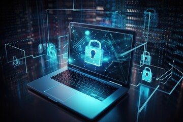 Cyber security, data protection, cyberattacks concept on blue background. Database security software development. Online security concept. Laptop protected with shield. AI