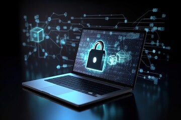 Cyber security, data protection, cyberattacks concept on blue background. Database security software development. Online security concept. Laptop protected with shield. AI