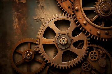 A steampunk background with vintage and rusty machinery gears. AI
