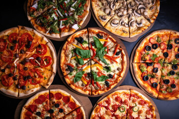 Fototapeta na wymiar Top view of delicious variety of pizzas with fresh vegetables and dark background - Generative AI illustration