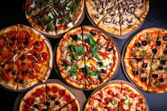 Top view of delicious variety of pizzas with fresh vegetables and dark background - Generative AI illustration