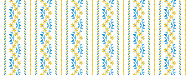 Ukrainian vector seamless fashion pattern. Decoration in blue and yellow color. Ukrainian vertical stripes fashion pattern. Pixel art, vyshyvanka, cross stitch - obrazy, fototapety, plakaty