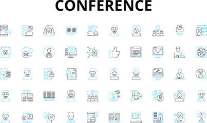 Conference linear icons set. Nerking, Presentations, Workshops, Keynote, Panels, Sessions, Industry vector symbols and line concept signs. Experts,Speakers,Schedule illustration Generative AI