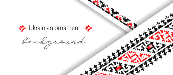 Ukrainian minimalistic vector background, banner, poster with paper layers and shadows . Ukrainian blue and yellow background with cross stitch ornament