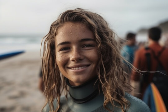 Young teenager or young adult, tanned brown skin, surfer t-shirt, on the beach with a surfboard, fictional place. Generative AI