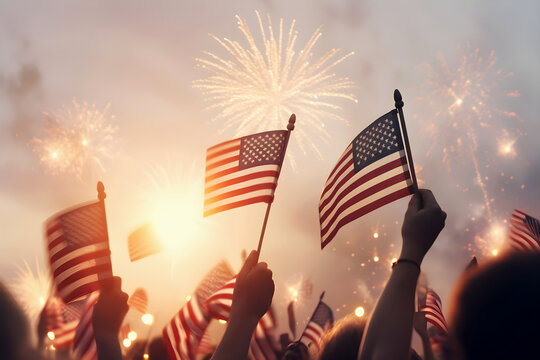 USA Independence Day. Hands holding small American flags against background of fireworks. Celebrating Memorial Day, American national holiday, July 4th. Generative AI