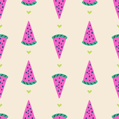Cute and vivid seamless pattern with watermelon and hearts. Repeating vector hand drawn design for textile, backdrop, wrapping paper, prints