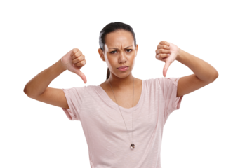 Portrait, thumbs down and woman angry, stress and bar review isolated against transparent background. Face, female person or model with anger, png or lady with a complaint, reject or emoji expression