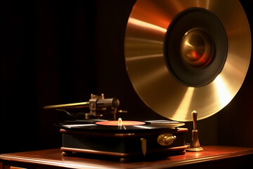Fototapeta na wymiar Golden round vintage gramophone with vinyl flat record on dark background close-up. Retro music. Generative AI