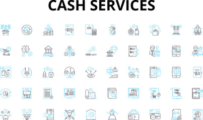 Cash services linear icons set. Loan, Deposit, Withdrawal, ATM, Credit, Debit, Exchange vector symbols and line concept signs. Currency,Fund,Transfer illustration